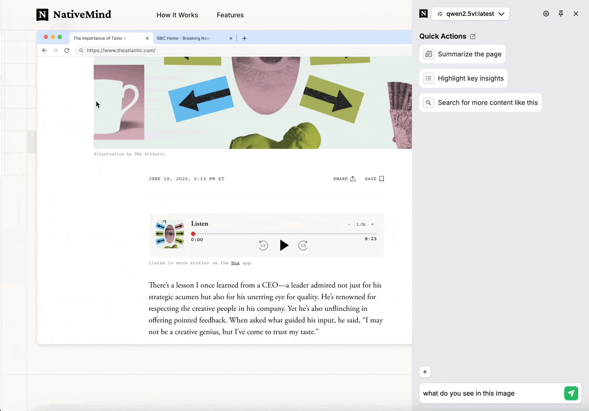 NativeMind browser screenshot analysis demonstration