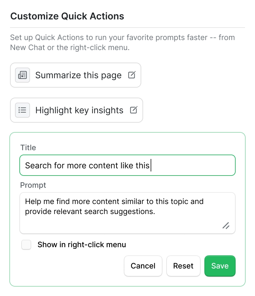 NativeMind Quick Actions settings